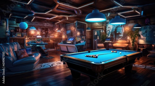 Snooker game room, Interior design with pool table and amazing light.