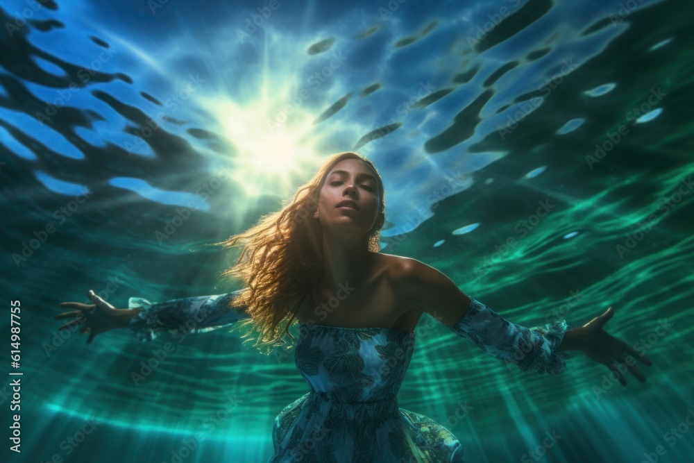Vibrant young woman gracefully gliding underwater in crystal clear tropical ocean, illuminated by sunlight. Generative AI