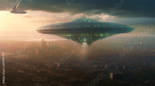 Canvas Print Giant alien ship over city, Large flying Saucer, Visual effect element, invasion sci fi concept, Engine thrust