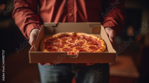 Hands holding a pizza box. Pizza is ready for delivery. Generative AI