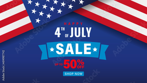 Happy 4th of July, Sale promotion banner template with flags and ribbon. Independence day USA voucher discount. Vector illustration