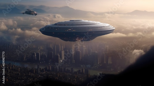 Giant alien ship over city, invasion sci fi concept.