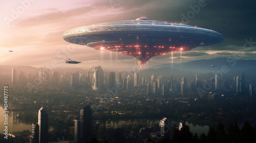 Giant alien ship over city, invasion sci fi concept.