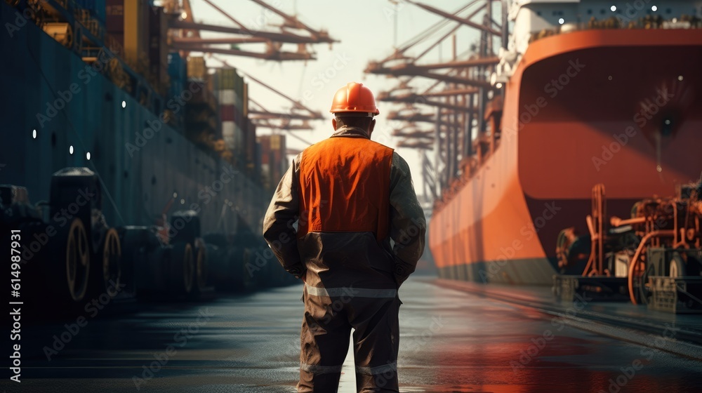Engineer standing in front of cargo ship at trade port background, industrial, logistics, Shipping concept.