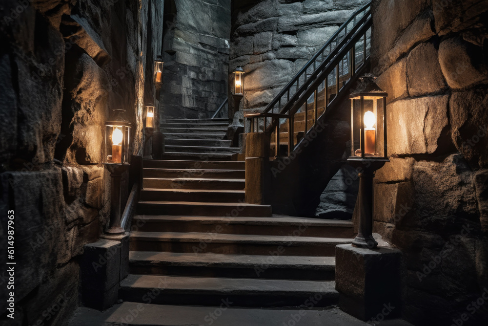 dark underground stairs in old cave, Generative AI