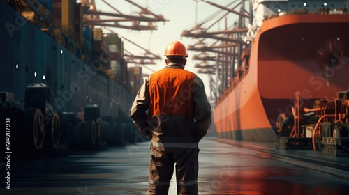 Engineer standing in front of cargo ship at trade port background, industrial, logistics, Shipping concept.