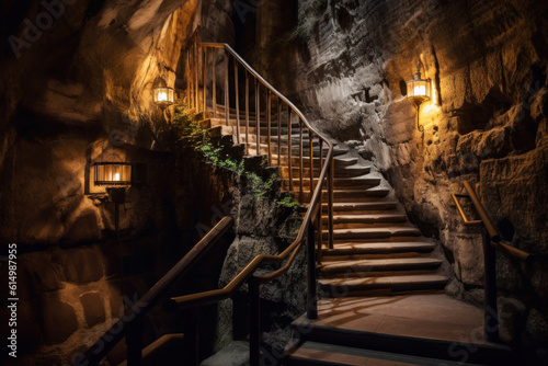 dark underground stairs in old cave, Generative AI