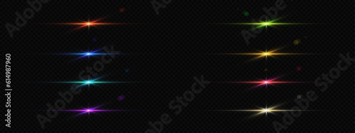 Flare light line and sparkle glow vector gleam set. Gold, red, pink and blue neon shine beam with flash glare element. Flicker strip with laser glimmer border realistic overlay. Green isolated twinkle