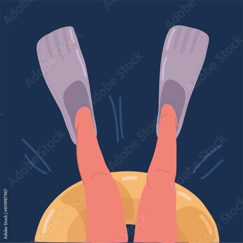 Vector illustration of female legs in Flippers on rubber ring. Summer vacation, summer break.