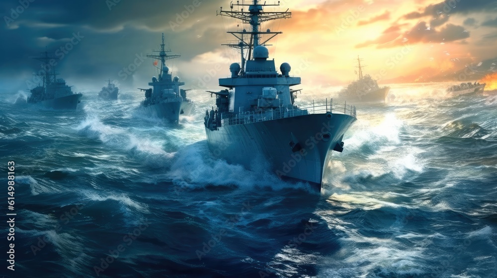 War concept, Battle scene at sea, Naval warships, Boats in an active combat zone, Battleships in the navy, Military at sea.