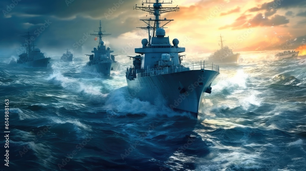 War concept, Battle scene at sea, Naval warships, Boats in an active combat zone, Battleships in the navy, Military at sea. War concept, Battle scene at sea, Naval warships, Boats in an active combat zone, Battleships in the navy, Military at sea.