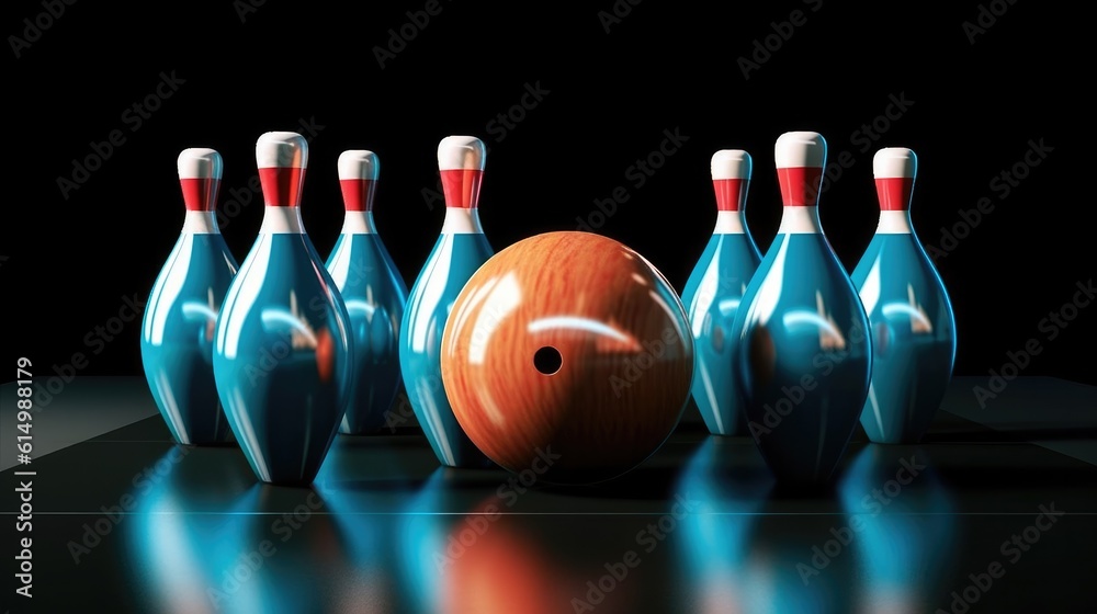 Bowling ball set in front of ten pins, Bowling ball hitting pins