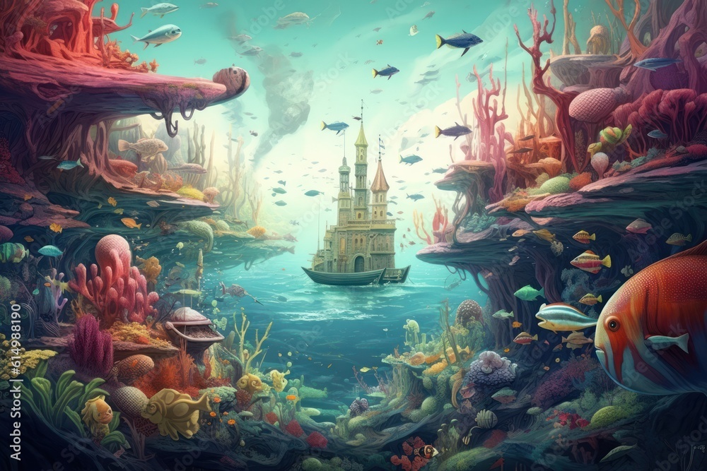 Whimsical underwater scene with floating animals and surreal aquatic ...