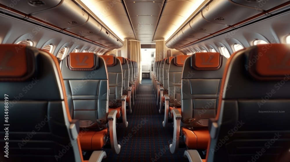 Empty airplane cabin interior, Commercial airliner seats in economy class.