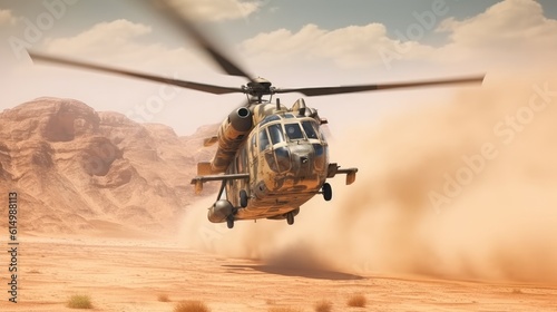 Army helicopter landing in desert with full of sand around, Military helicopter in active combat zone.