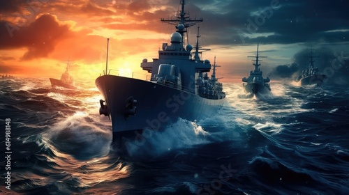 Battleships warships corvette in a military combat zone maneuvering over water at sea. Warships, Boats perform tasks in sea, military warships sailing, Navy © visoot