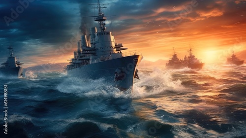 War concept, Battle scene at sea, Naval warships, Boats in an active combat zone, Battleships in the navy, Military at sea. photo