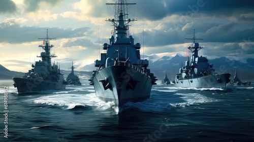 Photo Battleships warships corvette in a military combat zone maneuvering over water at sea