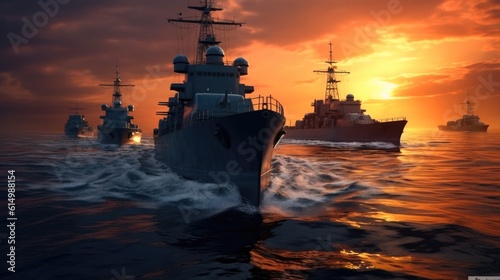 War concept  Battle scene at sea  Naval warships  Boats in an active combat zone  Battleships in the navy  Military at sea.