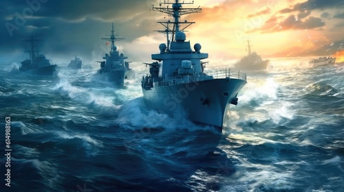 War concept, Battle scene at sea, Naval warships, Boats in an active combat zone, Battleships in the navy, Military at sea. © visoot