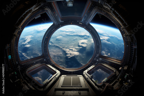 View of globe from cabin of space station