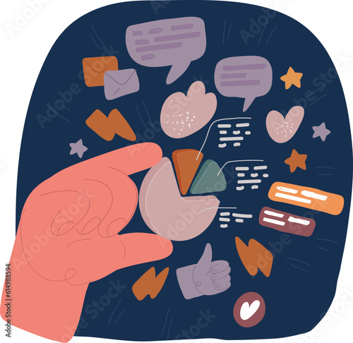Cartoon vector illustration of hand drawn doodle hand holding and showing pie chart data
