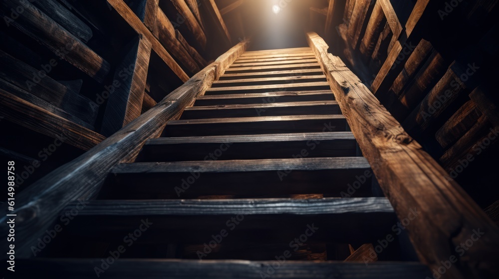 Steep wooden staircase leads into the unknown with a sense of mystery and limitless possibilities. Generative AI Steep wooden staircase leads into the unknown with a sense of mystery and limitless possibilities. Generative AI