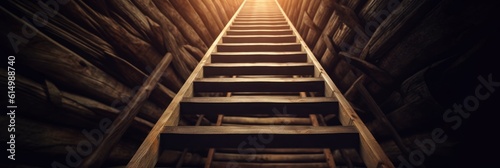 Steep wooden staircase leads into the unknown with a sense of mystery and limitless possibilities. Generative AI