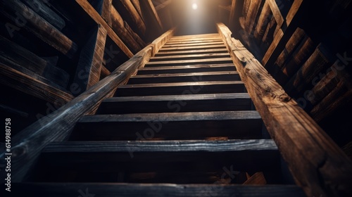 Steep wooden staircase leads into the unknown with a sense of mystery and limitless possibilities. Generative AI