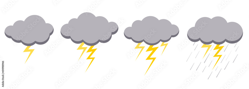 Clouds rain thunderstorm bad weather icon set isolated on white background. Illustration of rain, shower, lightning thunder and thunderstorm stage. Rainy cloud vector collection in flat style.