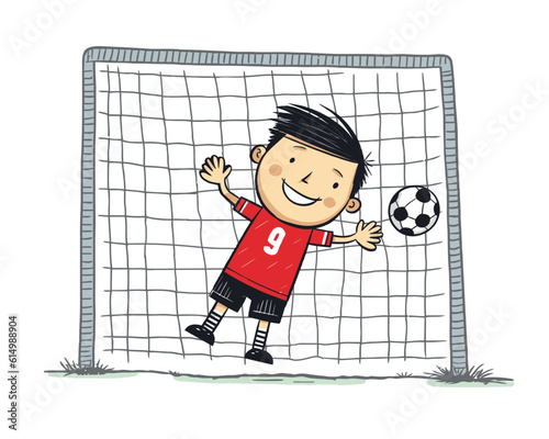 Soccer goalkeeper keeping goal vector illustration, cartoon kids hand-drawn style. children playing soccer