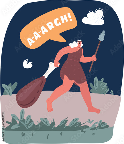 Cartoon vector illustration of woman Primitive people life scene, stone age characters lifestyle. Prehistoric woman hunting mammoth. Primitive prehistoric cavewoman