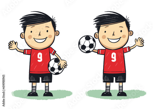Soccer goalkeeper with soccer ball in hand. vector illustration, cartoon kids hand-drawn style