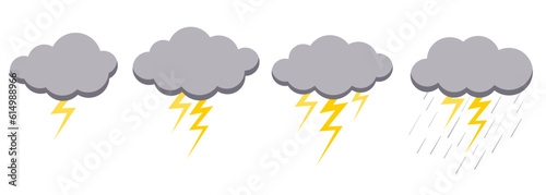 Clouds rain thunderstorm bad weather icon set isolated on white background. Illustration of rain, shower, lightning thunder and thunderstorm stage. Rainy cloud vector collection in flat style.