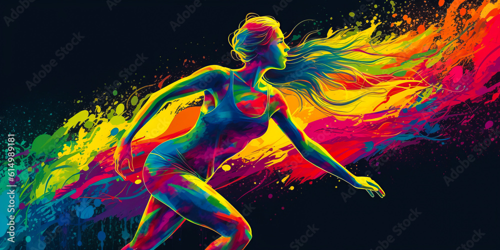 Feminine silhouette in motion with vivid colors and fluid shapes evoke speed, energy, perfect for marketing creative sports or fitness brands, highlighting power. Generative AI