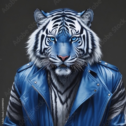 A person wearing a blue jacket and a white tiger. Generative AI 