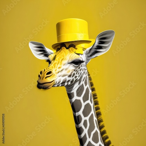 A giraffe wearing a yellow hat. Generative AI 
