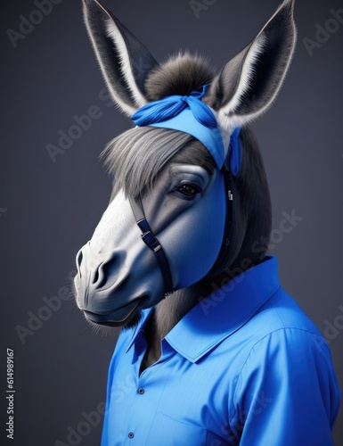 A donkey wearing a blue shirt and a blue shirt. Generative AI