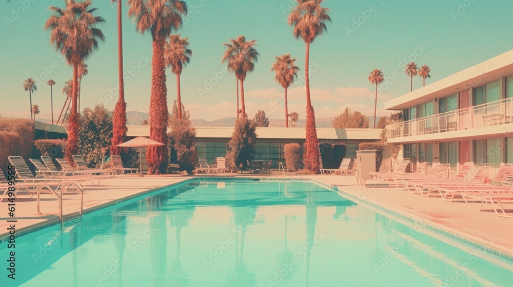 Palm trees and vintage hotel pool. Generative AI