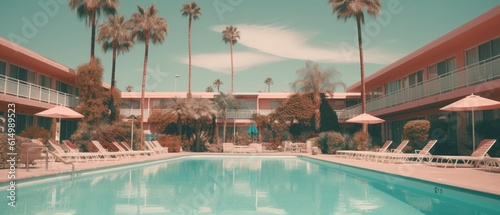Palm trees and vintage hotel pool. Generative AI © BraveSpirit