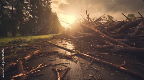 After the bad weather, a fallen tree blocked the road in the village. Generative AI © BraveSpirit