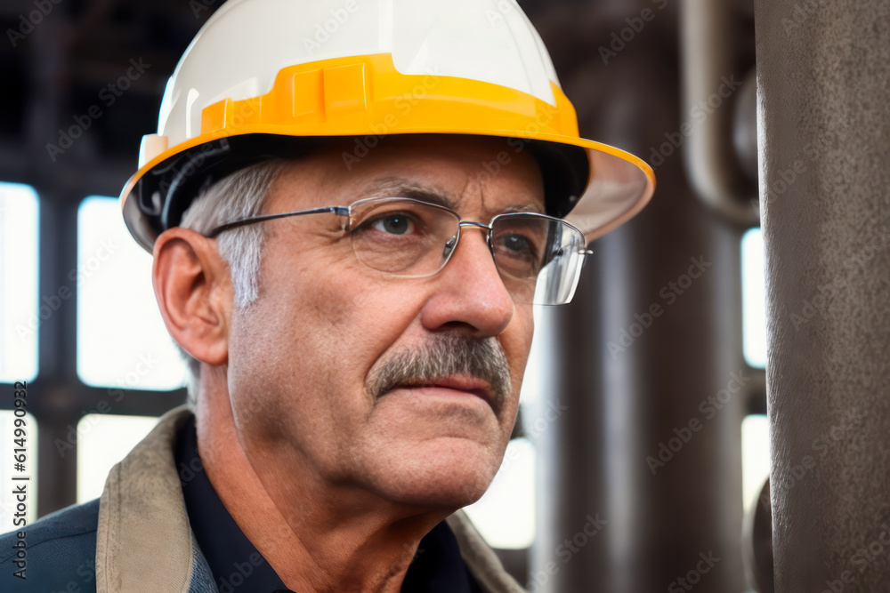 Digital portrait of a senior successful confident professional Petrochemical engineer standing in a Gas storage. Concept of active age. Generative AI Digital portrait of a senior successful confident professional Petrochemical engineer standing in a Gas storage. Concept of active age. Generative AI