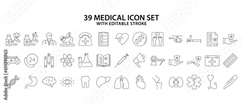 Medical Icons Set. Set line icon of medical and health. Medical Vector Icons Set. Medicine and Health symbols. Vector Illustration. Editable stroke.