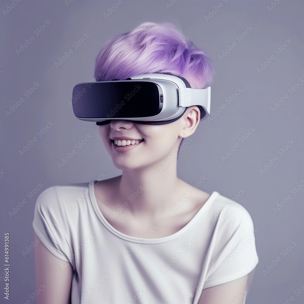 Beautiful young woman with a stylish hairstyle wearing virtual and augmented reality glasses on her head on a cool background. Vision reality glasses. Generative AI illustration