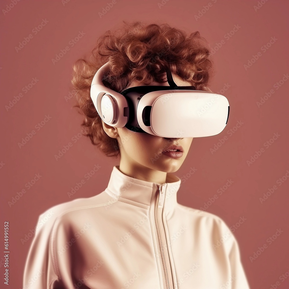 Beautiful young woman with a stylish hairstyle wearing virtual and augmented reality glasses on her head on a cool background. Vision reality glasses. Generative AI illustration Beautiful young woman with a stylish hairstyle wearing virtual and augmented reality glasses on her head on a cool background. Vision reality glasses. Generative AI illustration