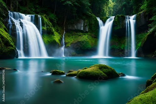 waterfall in the forest wallpaper background generated by AI