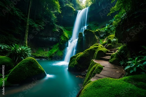 waterfall in the forest wallpaper background generated by AI ©  ALLAH LOVE