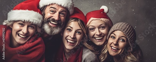 Generative AI, family on christmas very happy, family smiling on photo, gray background 