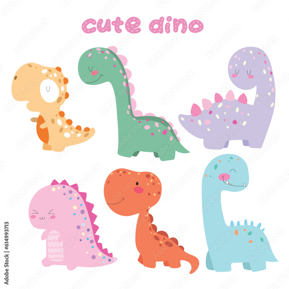 Set of six cute dino in pastel colors on white background. Vector illustration.
