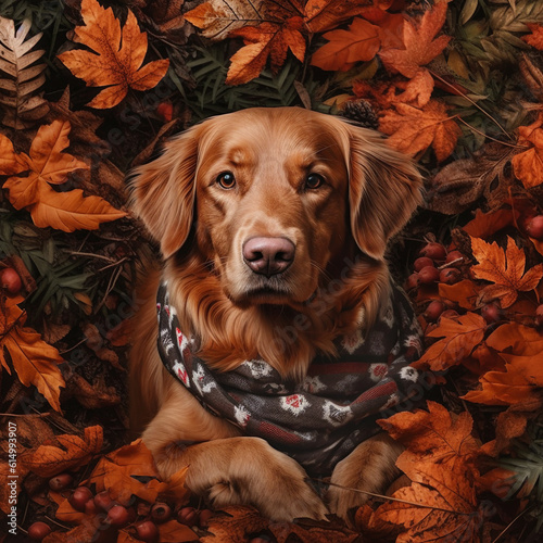 Animal autumn concept of little cute dog golden retriever playing in fallen leaf warm red yellow colors. Illustration. Generative AI.